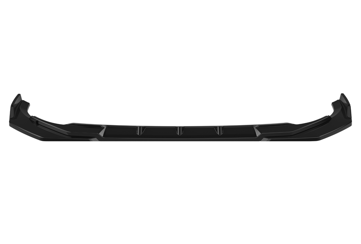 A black, sleek car spoiler sits against a plain white background, appearing aerodynamic with angular edges and raised ends, designed for attachment to a vehicle's front.