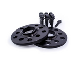 Two black wheel spacers with multiple holes and the brand name 