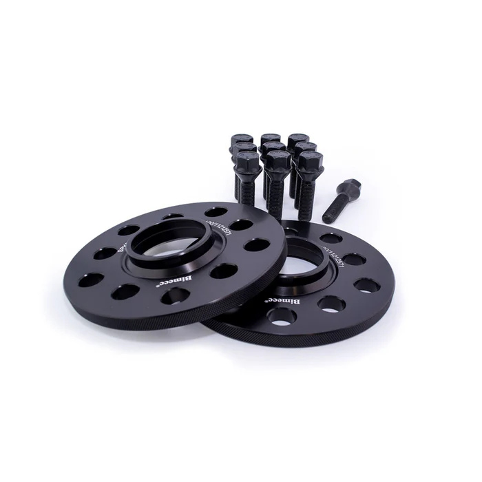 Two black wheel spacers with multiple holes and the brand name "Bimecc," accompanied by a set of black bolts, lay on a plain white background.