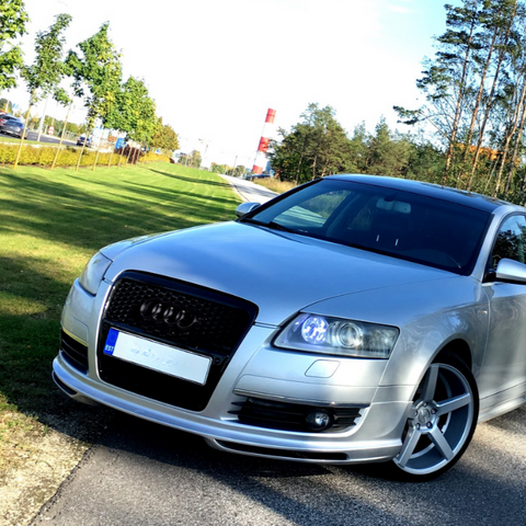 A silver car is parked on a road beside a grassy area with trees. A visible license plate reads "EST." In the distance, there is a red and white tower.