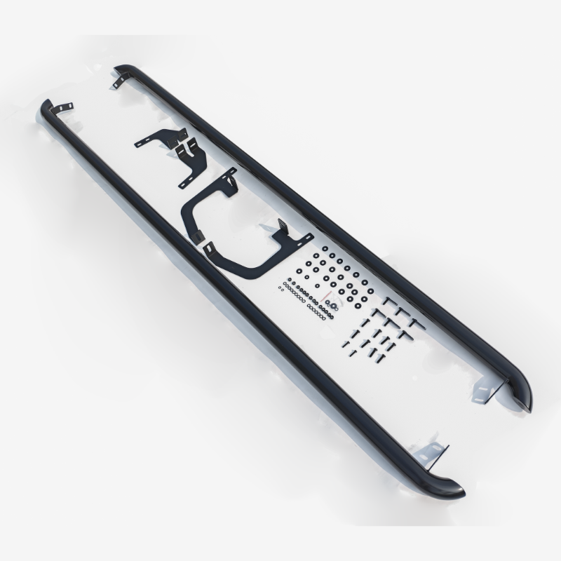 Metal car roof rack partially assembled on a white surface, featuring black bars with mounting brackets and numerous small parts like screws and washers neatly arranged around it.