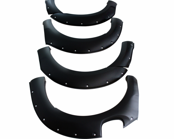 Four black fender flares, each progressively larger, are aligned vertically. They have silver rivet details and are set against a plain white background.