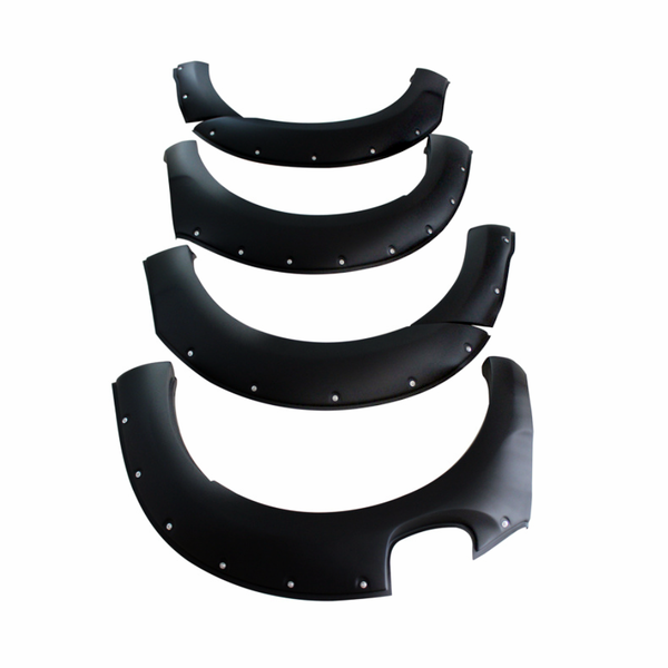 Four black fender flares, each progressively larger, are aligned vertically. They have silver rivet details and are set against a plain white background.