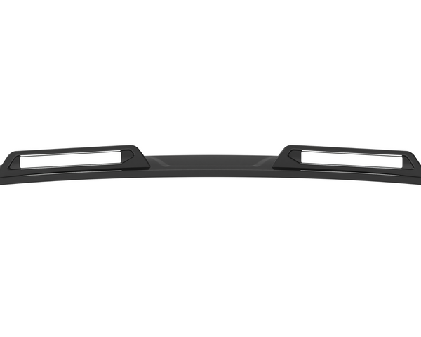 A black, curved car spoiler with two rectangular cutouts is displayed against a white background.