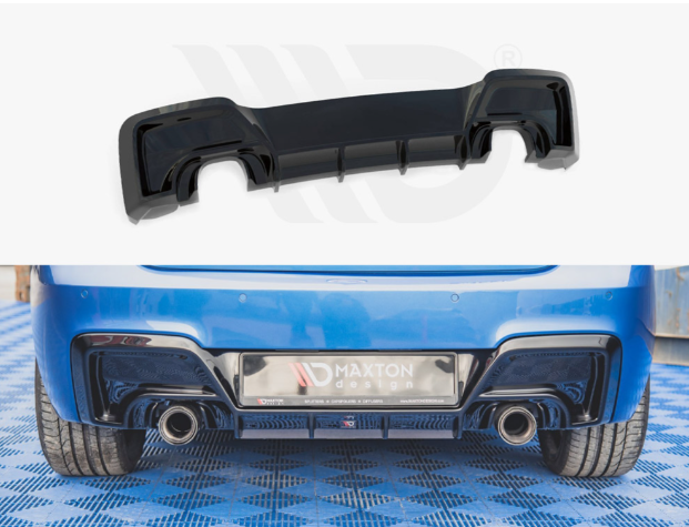 A black car diffuser, displayed separately above, is installed on the rear of a blue car, enhancing aerodynamics. The car sits on a blue patterned floor. Visible text: "MAXTON design".