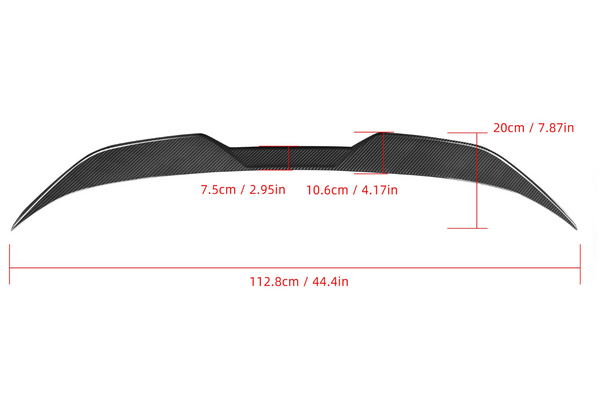 Spoiler with carbon fiber texture, measures 112.8 cm length, 10.6 cm center height. Side heights: 7.5 cm and 20 cm. Displayed on a plain white background with red text annotations.
