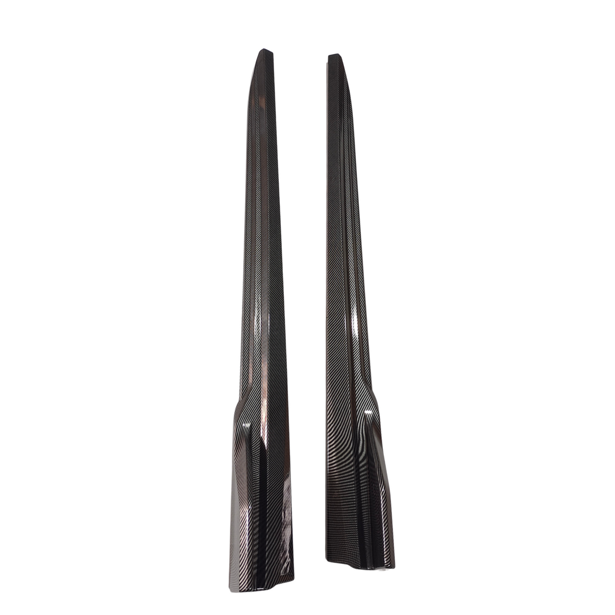 Two sleek, elongated, carbon-fiber panels are displayed vertically against a plain white background, emphasizing their glossy finish and distinct textured pattern.