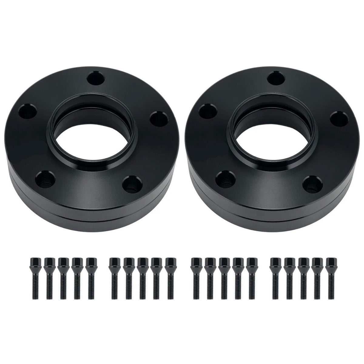 Two black wheel spacers with holes are aligned horizontally; each is accompanied by a row of ten matching black bolts beneath them. Set against a plain white background.