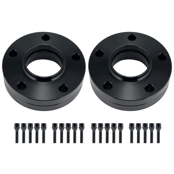 Two black wheel spacers with holes are aligned horizontally; each is accompanied by a row of ten matching black bolts beneath them. Set against a plain white background.