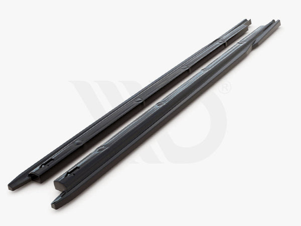 Two black, elongated plastic strips lie parallel on a white surface, likely used for aerodynamic purposes. Text below reads, "WORLDWIDE LEADER IN AERODYNAMIC COMPONENTS."
