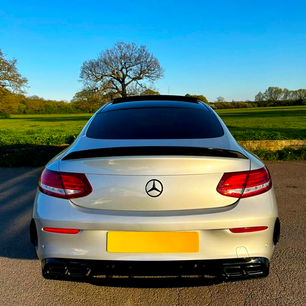 A silver Mercedes-Benz car is parked on a road, facing away. The context is a scenic countryside with green fields and a leafless tree under a clear blue sky.