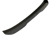 A sleek, glossy black car spoiler curves slightly upward, designed for aerodynamic efficiency, displayed against a plain white background.