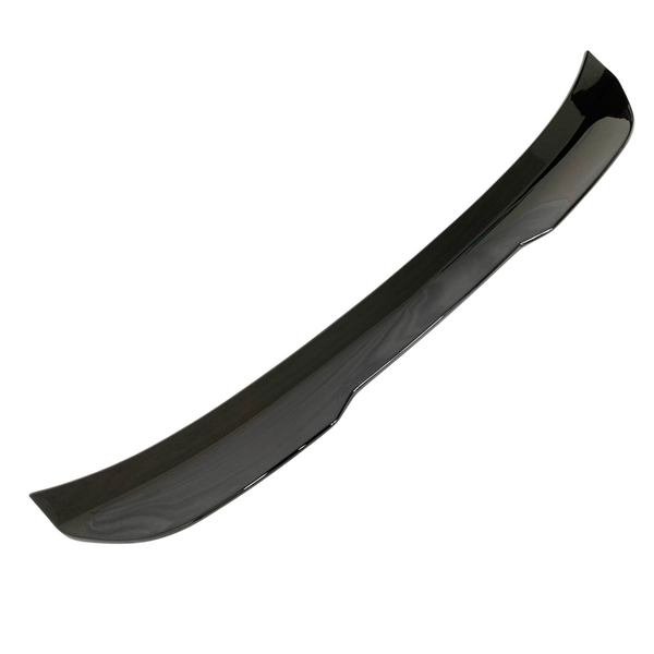 A sleek, glossy black car spoiler curves slightly upward, designed for aerodynamic efficiency, displayed against a plain white background.