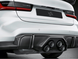 Car rear features a sleek, white design with a black diffuser and quad exhaust pipes, parked on a gray surface.