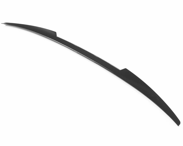 A black, curved car spoiler sits against a white background, showcasing its aerodynamic profile with smooth lines and a streamlined shape.