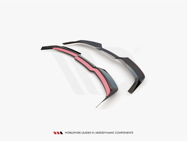 Two dark aerodynamic car components with red accents lay side by side. Text below reads: "WORLDWIDE LEADER IN AERODYNAMIC COMPONENTS." The background is plain white.
