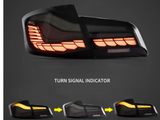 A car's rear light assembly with illuminated red turn signals is depicted. Below, smaller images display an orange turn signal animation. Text: 