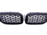 Two black car grilles with a diamond mesh pattern are positioned side by side on a plain white background.