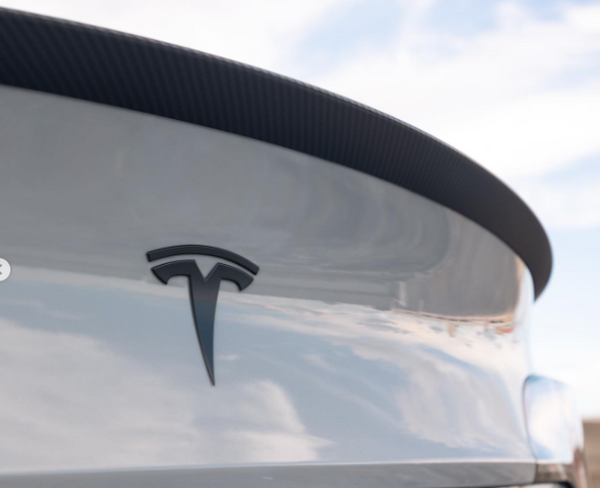 The rear of a white car displays the Tesla logo, with a carbon fiber spoiler against a partly cloudy sky.