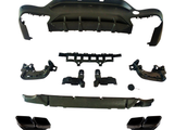 Various black car bumper components are organized on a white background, displaying multiple parts including mounting brackets, protective covers, and twin exhaust tips, illustrating a disassembled view.