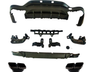 Various black car bumper components are organized on a white background, displaying multiple parts including mounting brackets, protective covers, and twin exhaust tips, illustrating a disassembled view.