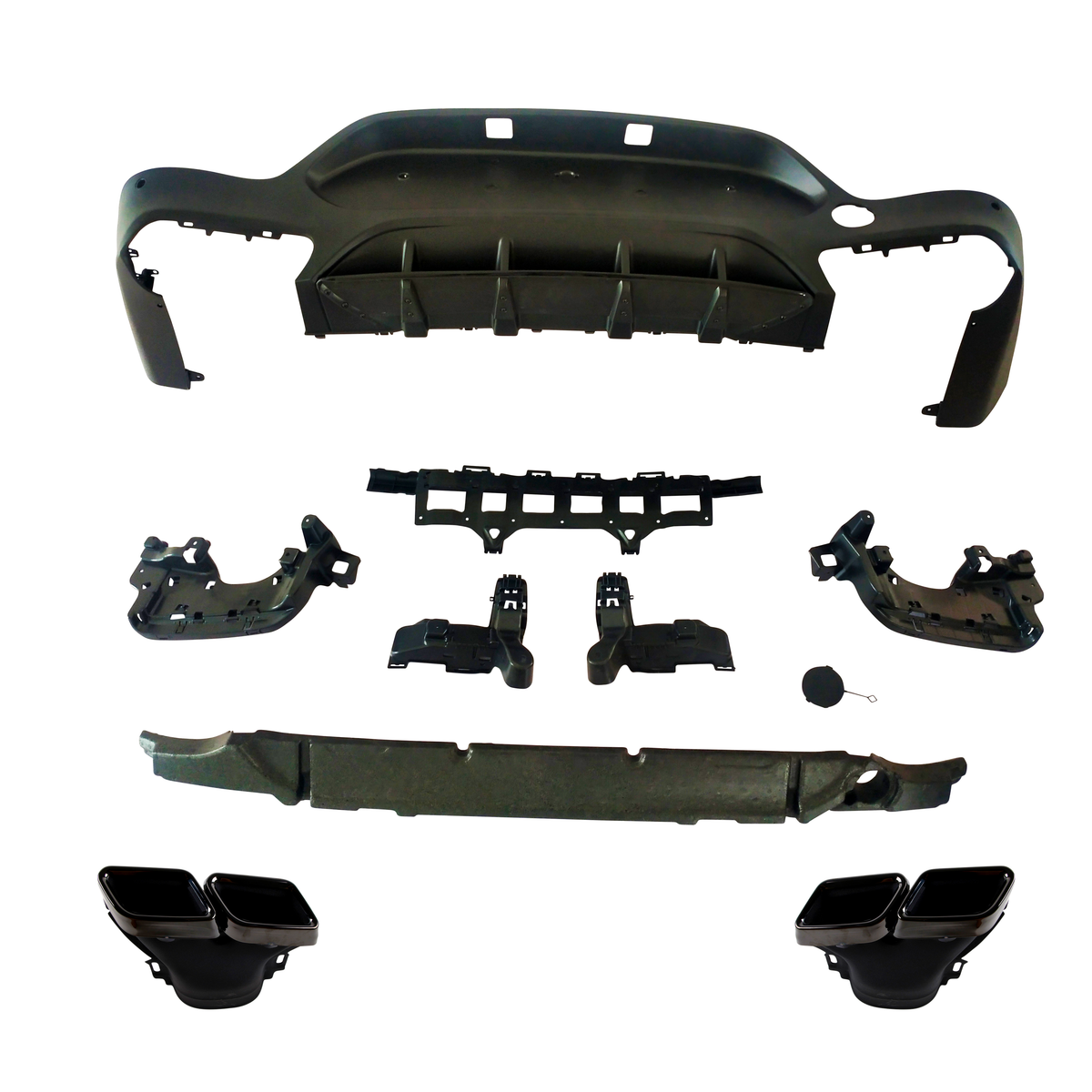 Various black car bumper components are organized on a white background, displaying multiple parts including mounting brackets, protective covers, and twin exhaust tips, illustrating a disassembled view.