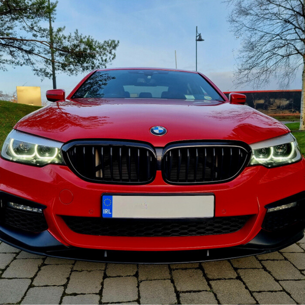 A red BMW car is parked on a cobblestone driveway, framed by grassy areas and trees with overcast skies in the background. The license plate reads "IRL."