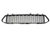 Black hexagonal mesh car grille, resting horizontally, featuring multiple mounting tabs, against a plain white background.