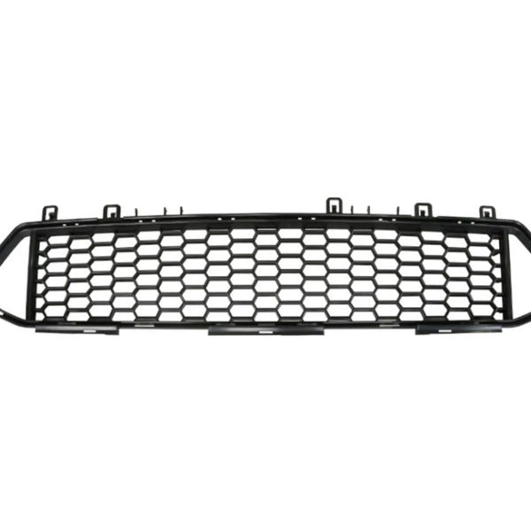 Black hexagonal mesh car grille, resting horizontally, featuring multiple mounting tabs, against a plain white background.