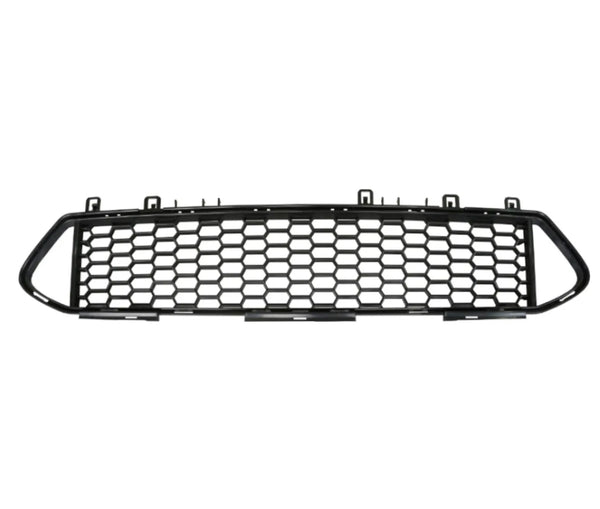 Black hexagonal mesh car grille, resting horizontally, featuring multiple mounting tabs, against a plain white background.