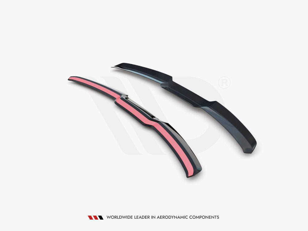 Two aerodynamic car components lie on a plain background; one features red detailing. The context highlights the brand's slogan: "WORLDWIDE LEADER IN AERODYNAMIC COMPONENTS.”