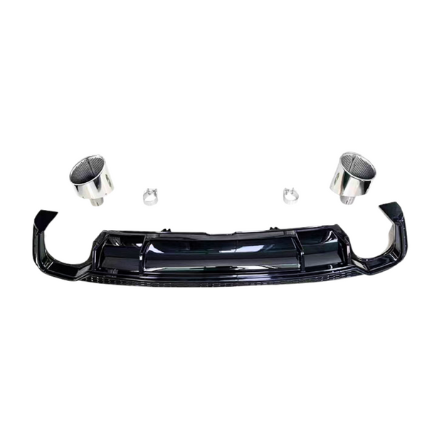 A black car bumper with attached exhaust tips and clamps arranged separately on a plain white background.