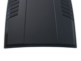 A matte black car hood, featuring angular vents and ridges, rests against a plain white background.