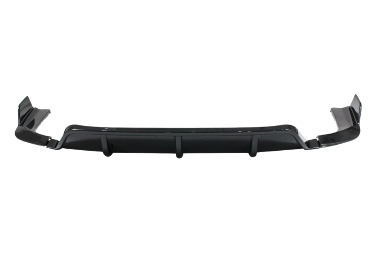 A black car bumper diffuser with aerodynamic fins is laid flat, designed for vehicle aerodynamics, against a plain white background.
