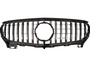 Chrome vehicle grille with vertical slats and a central circular emblem space, resting on a plain white background, displaying a sleek and modern design.