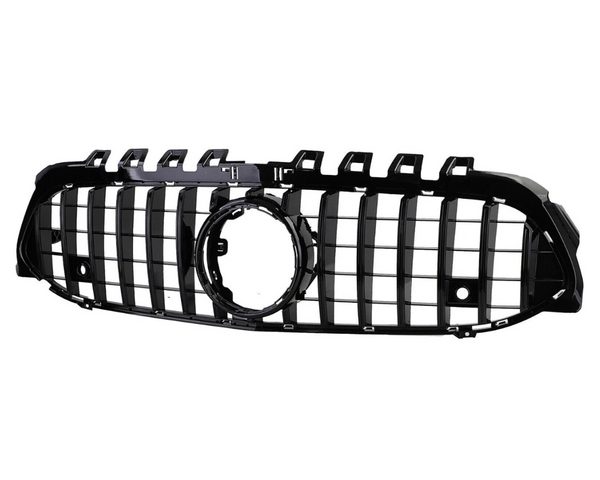 A black car grille with vertical slats, featuring a prominent circular emblem space in the center, isolated against a white background.