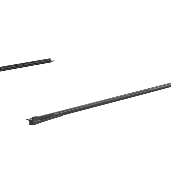 Two elongated, dark-toned linear metal bars are positioned diagonally, aligned parallel, and floating against a white background. One bar is closer, appearing more detailed, with grooves and subtle textures.