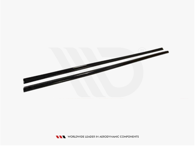 Two long, slender black strips are positioned diagonally on a white background. Below them, text reads: "WORLDWIDE LEADER IN AERODYNAMIC COMPONENTS."
