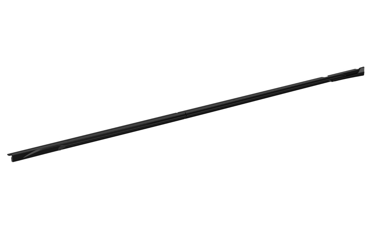A long, thin, black wiper blade sits against a plain white background, emphasizing its streamlined design.