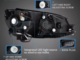 Headlight assembly features adjusting screws and main plug. Text describes LED light integration without bulbs. Labels indicate 