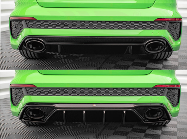 Two rear views of a green car showcase different bumper designs. The top image features a plain bumper, while the bottom includes an aggressive diffuser with multiple vertical fins. The floor is a patterned black mat.