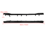 Two elongated black car side skirts are positioned horizontally. Top one features brackets; bottom one is plain. Dimensions highlighted: 20 cm/7.87 in height, 202 cm/79.52 in length, on a white background.
