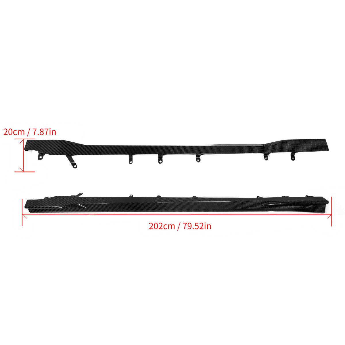 Two elongated black car side skirts are positioned horizontally. Top one features brackets; bottom one is plain. Dimensions highlighted: 20 cm/7.87 in height, 202 cm/79.52 in length, on a white background.