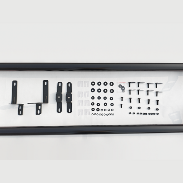 Brackets, bolts, and washers are neatly arranged in rows on a white surface, enclosed by two long, black bars.