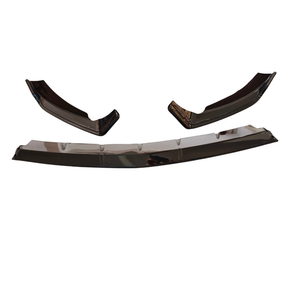 Three black car bumper splitters are arranged on a plain white background, showcasing a sleek, curved design intended for vehicle modification and aerodynamic enhancement.