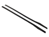 Two elongated, black plastic strips lie parallel on a plain, white background, displaying a sleek, uniform design with slightly tapered ends.
