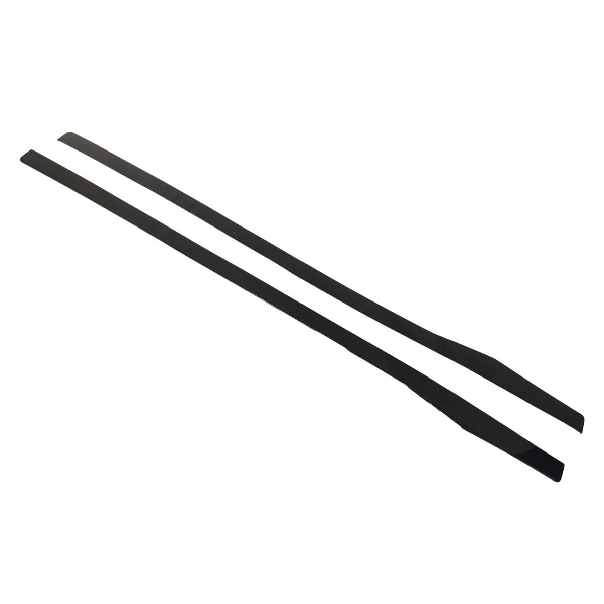 Two elongated, black plastic strips lie parallel on a plain, white background, displaying a sleek, uniform design with slightly tapered ends.