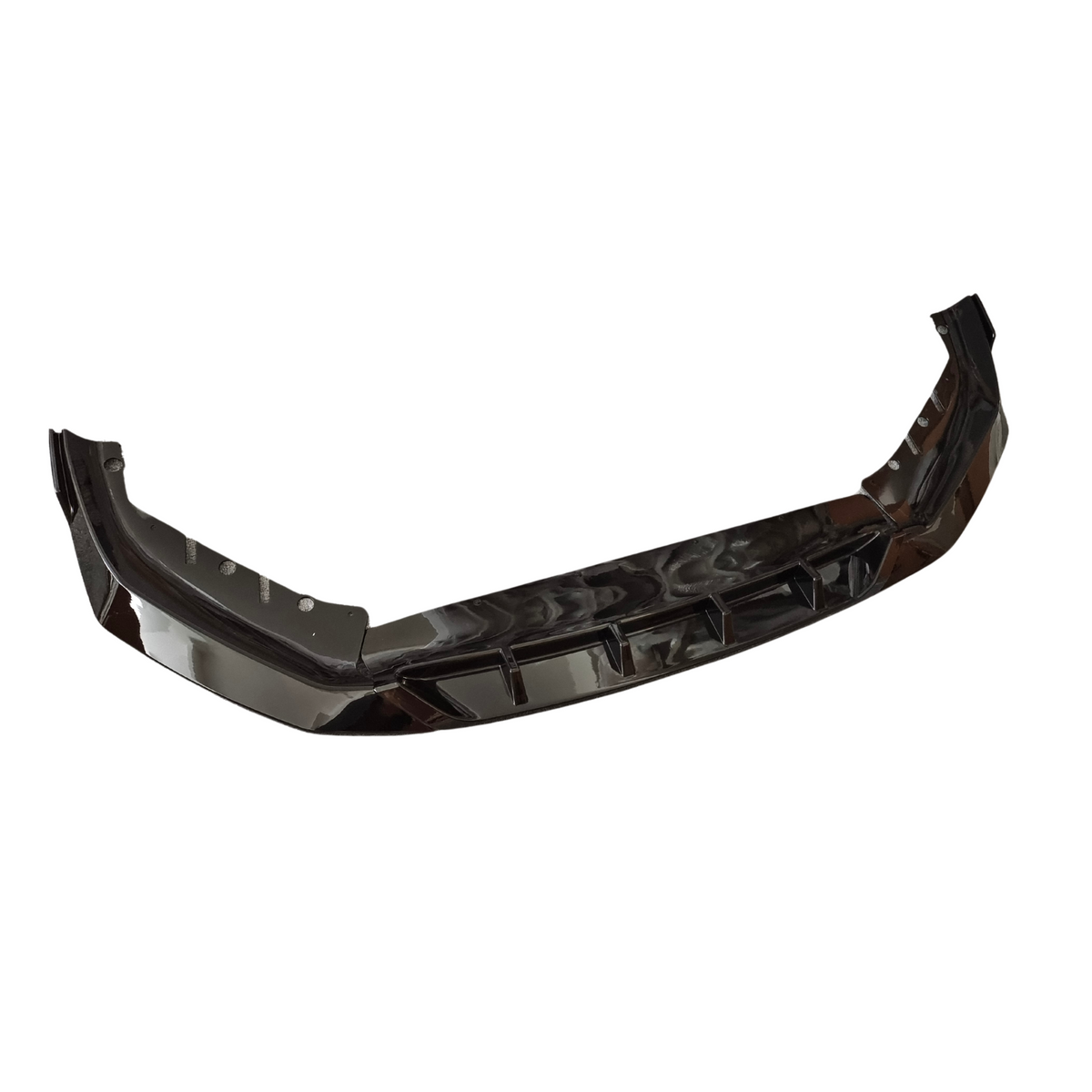 A sleek, black car bumper with an aerodynamic design is angled upwards, set against a plain white background.