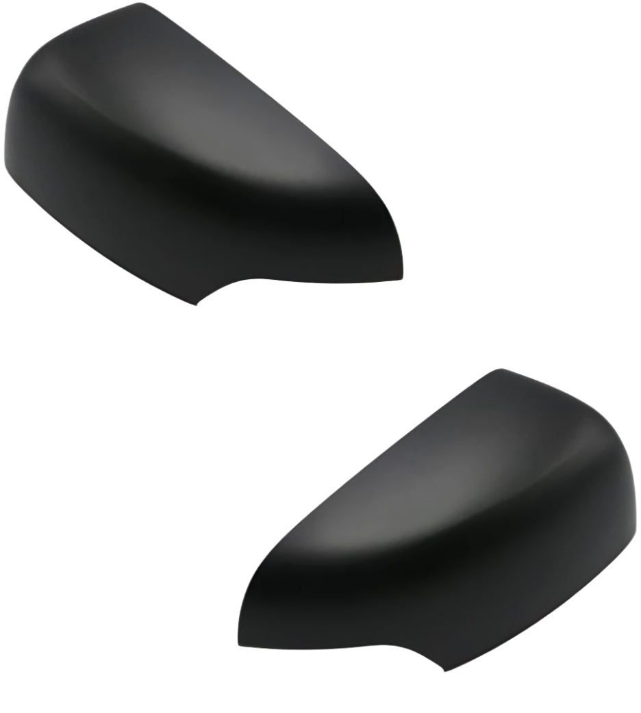 Two black side mirror covers, positioned diagonally, are shown against a white background, emphasizing their sleek, aerodynamic shape and smooth finish.