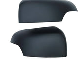 Two matte black car side mirror covers are displayed against a plain white background, showing their sleek, rounded shape and smooth surface.